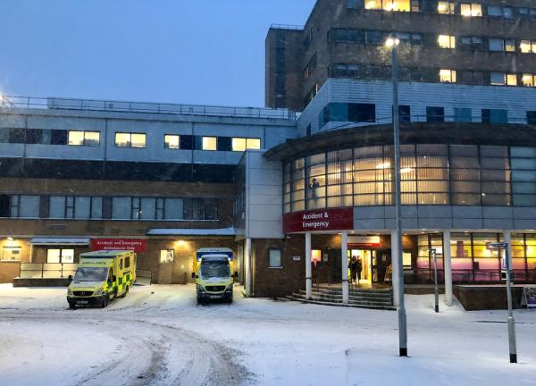 Hospital covered in snow