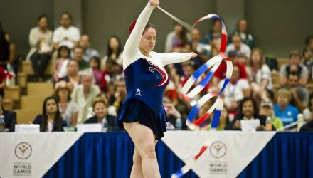 Gymnast Felicity Martin performing her division one gold medal winning routine at the Special Olympics in Los Angeles 2015