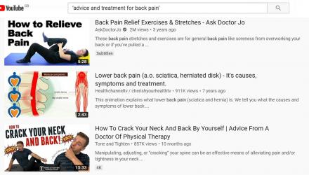An example of YouTube search results for back pain 