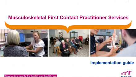Cover of the Implementation guidance, it shows three images of people at a GP surgery and being treated, and the title reads 'Musculoskeletal First Contact Practitioners Services - Implementation Guide' 