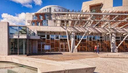 Scottish Parliament building in bright sunshine