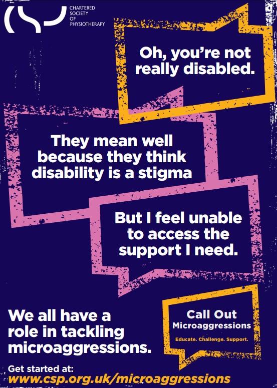 CSP microagressions campaign poster featuring lived experience of disabled members