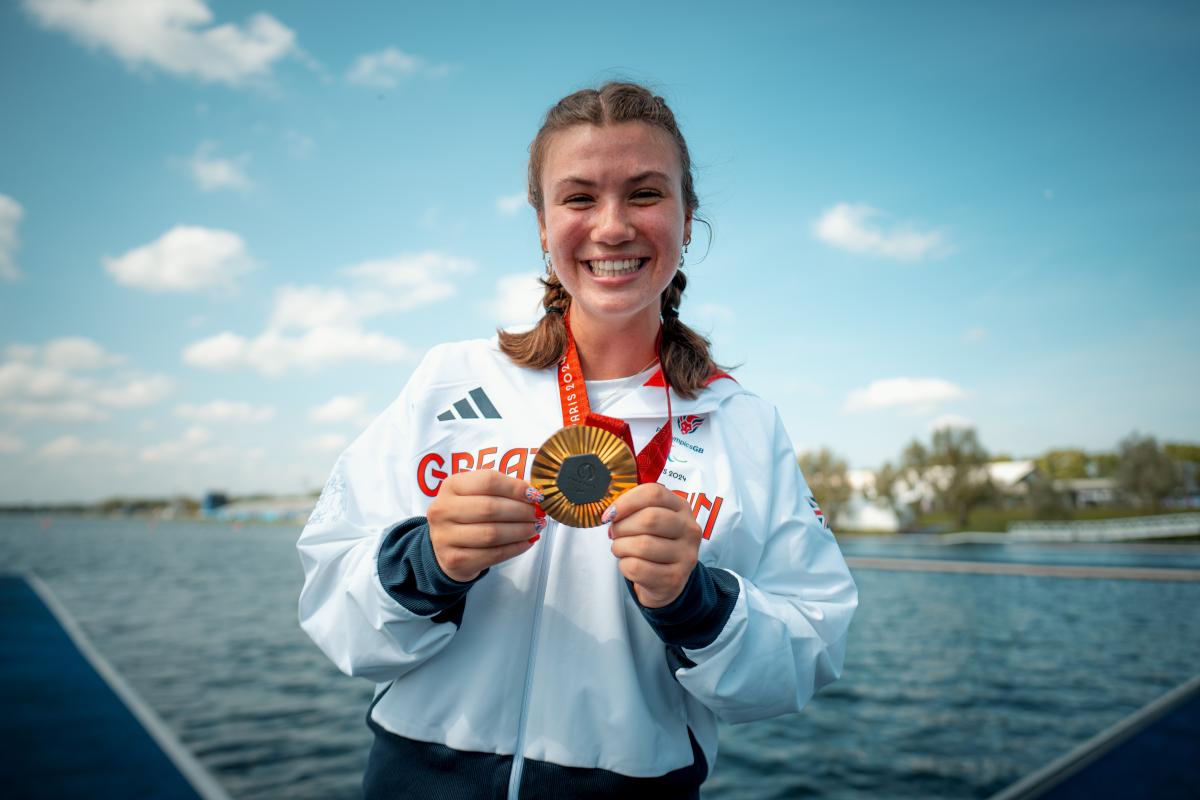 ParalympicsGB rower Frankie Allen with the gold Credit: Benedict Tufnell for British Rowing